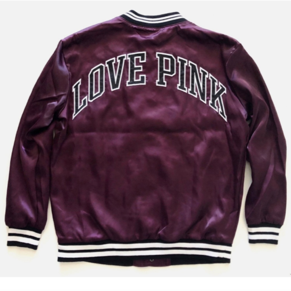 PINK Victorias Secret Nwt Black Orchid Satin Logo Snap Bomber Jacket XS - Picture 1 of 3